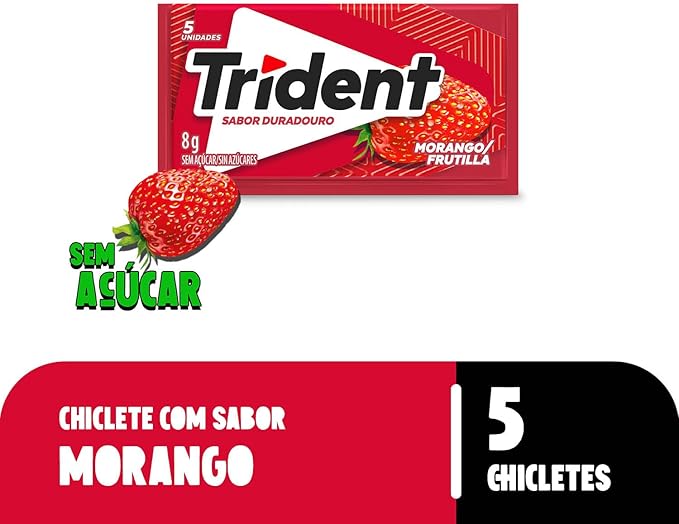 Chiclete Trident Morango Sem Açúcar 8g Embalagem Com Cinco Unidades