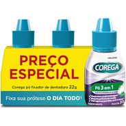 Corega Pó Fixador de Dentaduras de Uso Diário, Forte Fixação por Até 12h, Cor Roxa, Kit 3 Unidades, 22g Cada